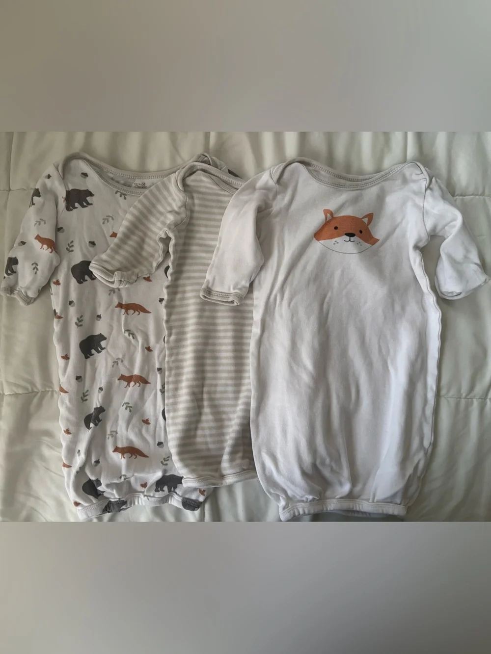 Neutral Woodland Bear & Fox Sleep Gowns - White with Brown and Gray Accents